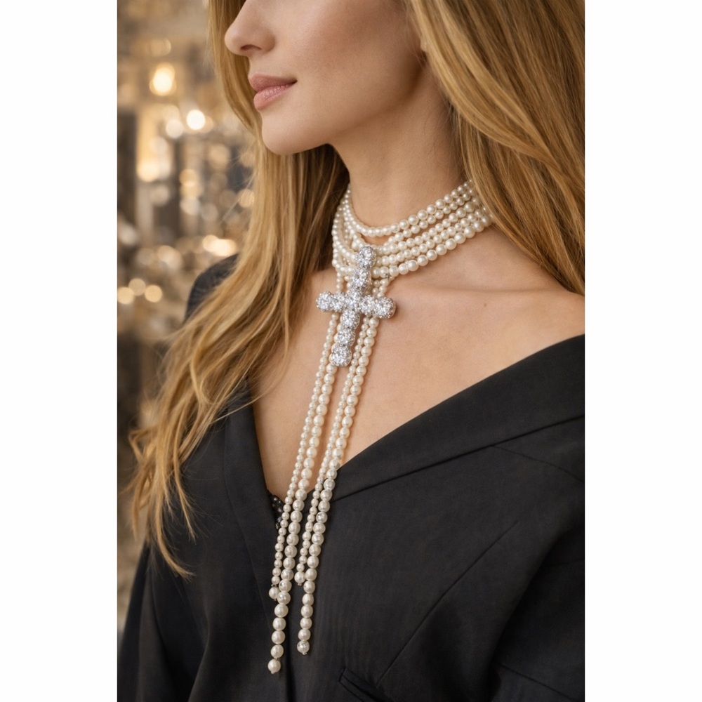 Statement Necklace Multi Faux Pearl Strand w/Large Rhinestone Cross -Adjustable - Picture 2 of 6